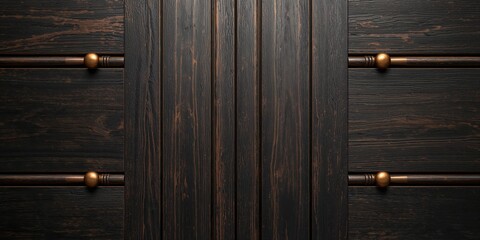 Obraz premium Elegant Dark Stained Wood Paneling with Brass Cabinet Knobs, Featuring Contrasting Vertical and Horizontal Grain Textures