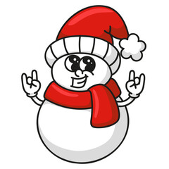 Snowman mascot rock hand gesture bright colorful vector design isolated on white background for festive holiday branding