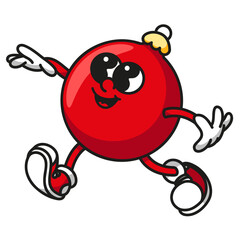 Cute red christmas ball mascot with boots and gloves isolated on white background retro vector design for holiday decorations