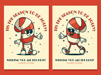 Vintage Christmas card with jolly candy cane mascot tis the season greeting with snowflakes and peppermint stripes