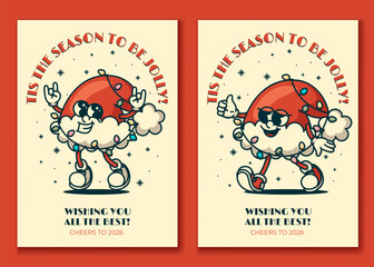 Jolly santa hat mascot Christmas card with festive lights and snowflakes vintage retro design for holiday greetings
