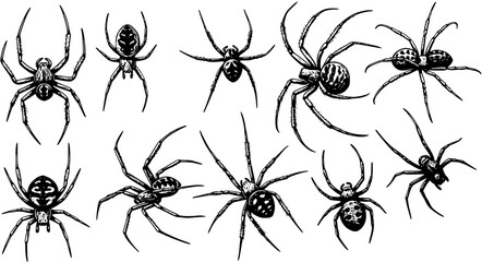 Spiders: Hand-drawn vector illustration featuring a collection of intricate spider drawings in a black and white style, perfect for Halloween or arachnid-themed designs.