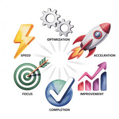 Conceptual diagram illustrating speed optimization acceleration improvement focus and completion with icons