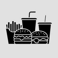 Minimalist vector illustration of fast food meal with burgers fries and drinks silhouette white background