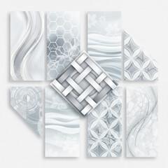 Abstract white and grey geometric patterns and flowing organic shapes arranged compositionally