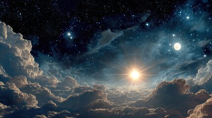 Cosmic creation: a radiant divine light pierces through fluffy clouds floating beneath celestial bodies and a starry night sky, symbolizing the act of creation of the universe by a divine power