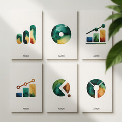 Six watercolor charts and graphs with abstract shapes in green yellow and orange hues on white cards