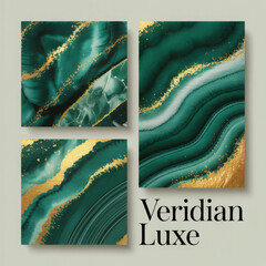 Abstract green and gold marbled artwork compositions with flowing textures