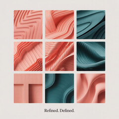 Abstract geometric textures and organic curves in coral and teal hues displayed in a grid