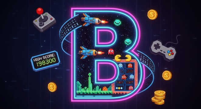 Retro video game letter with neon glow, joystick and high score - Powered by Adobe