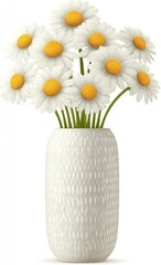 A bouquet of white daisies in a textured light gray vase against a white background.