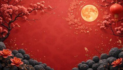 Red themed Chinese copy space with red cherry blossom, moons, red lantern and group of stone rock for Chinese culture and religion used. 