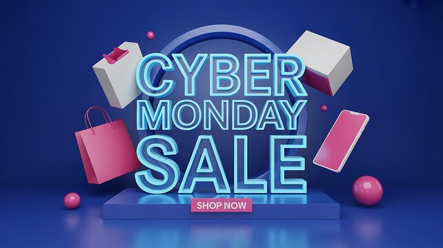 Cyber monday sale with shopping bags and gift boxes on a blue background