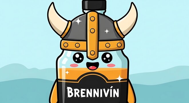 Cute Brennivin Bottle Cartoon with Viking Helmet.