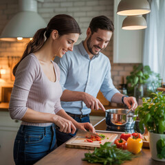 A smiling couple happily preparing a meal together in a cozy kitchen chopping vegetables and stirring a pot