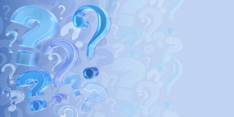 3D question mark background in blue tones. Concept of quiz, FAQ support, curiosity, problem solving, creativity, business idea, search for answers. Modern design glass style marks on gradient backdrop