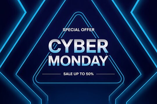 Cyber monday special offer with up to 50 sale, abstract blue neon background