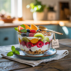 Delicious fruit parfait with yogurt granola berries kiwi orange and a small Good morning tag