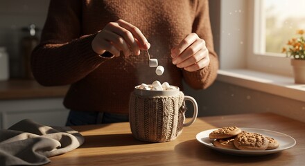 温かい飲み物にマシュマロを優しく落とす日差しが差し込む居心地の良い空間で心温まるひととき. AI Generated