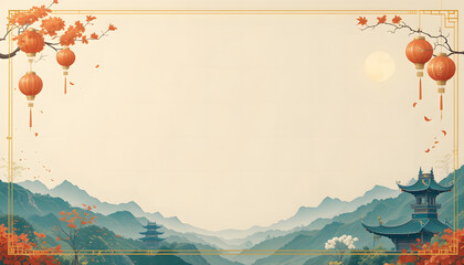 White clean Chinese copy space with red Lantern and mountain ornaments for Chinese culture and religion used. 