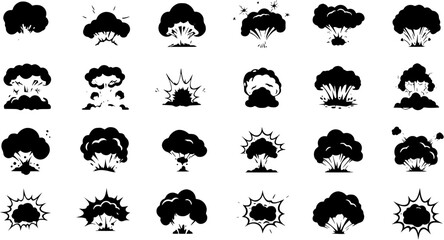 Set of diverse black and white explosion and bomb blast icons, including mushroom clouds, impact effects, and cartoon bursts for game design or graphic elements.