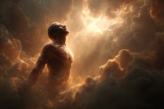 Tense human figure standing golden clouds gaze directed upward light breaking through heavens symbolizes purification enlightenment faith rebirth