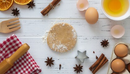 A top-down view shows baking ingredients arranged artfully. Includes a dough round, spices, eggs, rolling pin, star-shaped cookie cutter, and cloth