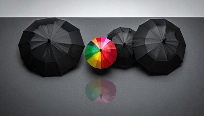 Rainbow umbrella stands out among dark umbrellas. Conceptual. Insurance or metaphor