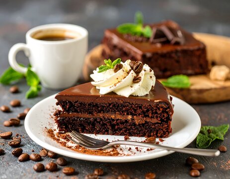 Chocolate cake slice with whipped cream and coffee