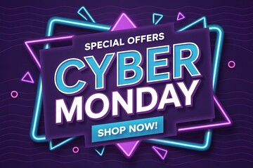 Cyber monday special offers with neon lights and shop now button, abstract design