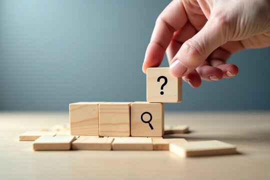 Problem solving, research, and finding answers concept. A hand stacks wooden blocks with a question mark and a search icon.