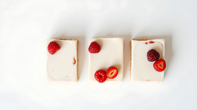 Minimal Flat Lay of Berry Cheesecake Bars – Strawberry, Raspberry, Blueberry, Blackberry on White Background with Copy Space