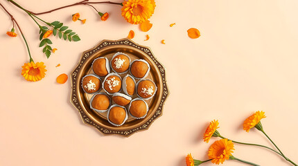 Eid/Raksha Bandhan Dessert Concept – Traditional Indian Sweets on Vintage Trays, Minimal Aesthetic Pink Copyspace, Horizontal Web Header