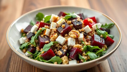 healthy food quinoa salad roasted beets goat cheese arugula walnuts balsamic glaze colorful salad gourmet salad
