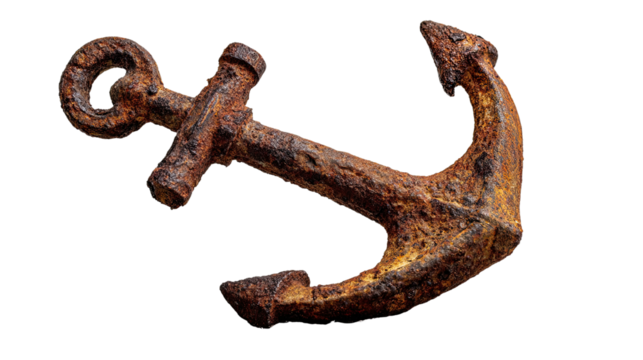 Old rusty anchor placed on wooden dock with weathered metal texture marine nautical object and vintage seafaring equipment isolated on white background