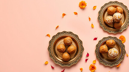 Indian Festive Laddoo on Antique Brass Plates – Pastel Pink Background, Marigold Petals, Top View Banner with Copy Space