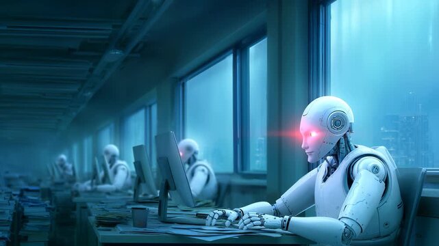 Weary white humanoid robot slumped at computer workstation, displaying signs of technological fatigue. Robotic workers populate background, suggesting systemic overload in automated workplace