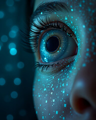 An eye sparkles with illuminated spots, showcasing a unique and captivating vision. The image focuses on an eye, filled with glowing particles creating an alluring sight