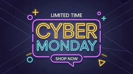 Cyber monday neon sign with shop now button and abstract shapes on dark background