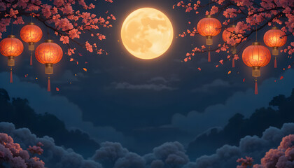 Night themed Chinese copy space with red cherry blossom, moons, red lantern and group of clouds for Chinese culture and religion used. 