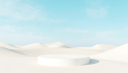 White cylindrical product display podium in a pristine, minimalist desert landscape with soft sand dunes and a clear blue sky.