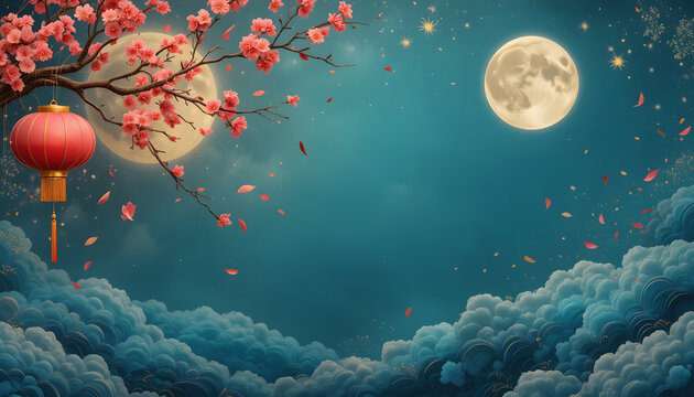 Turquoise themed Chinese copy space with red cherry blossom, two moons, and group of clouds for Chinese culture and religion used. 