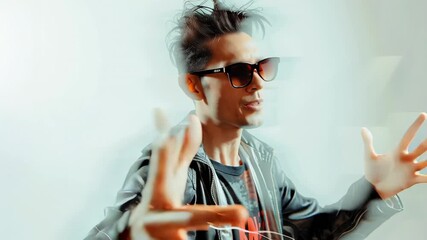 Stylish performer creates dynamic energy against a vibrant backdrop