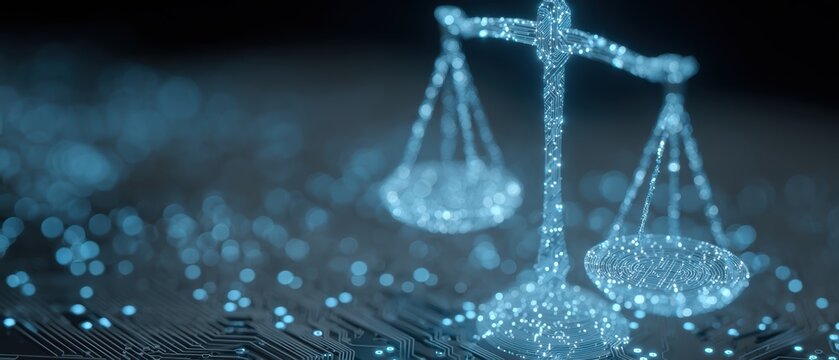 Digital Scales of Justice: A glowing digital representation of the scales of justice against a blurred backdrop, capturing the essence of legal and ethical decision-making in a modern world.