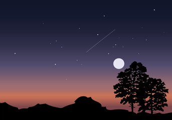 Beautiful serene night with trees, moon and stars