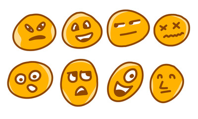 Set of Funny Cartoon Emoji Faces with Various Expressions on Transparent Background