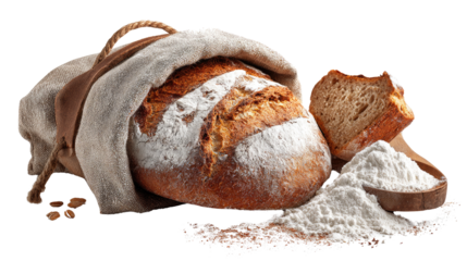 Rustic loaf of bread with golden crust, fresh baked bakery food with flour dusting traditional style isolated on white background