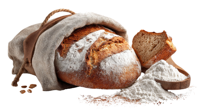 Rustic loaf of bread with golden crust, fresh baked bakery food with flour dusting traditional style isolated on white background