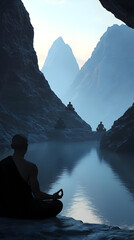 Silhouette Of Person Meditating In Rocky Landscape With Blue Water