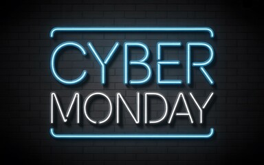 Obraz premium Cyber monday neon sign with blue and white lights on a dark wooden background